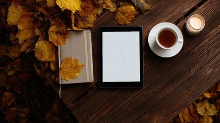 Digital tablet on autumn wooden table