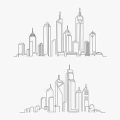 Modern city skyline in continuous line art style. Vector illustration of futuristic skyscrapers, urban buildings, and architectural design for real estate, business, or travel concept.
