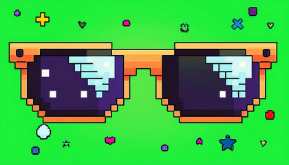 Pixel sunglasses and heart symbol on green background. Retro 8-bit design for gaming, fun, and digital art.