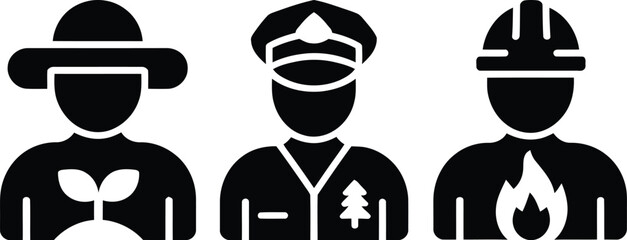 Three icons showing different professions in black and white style