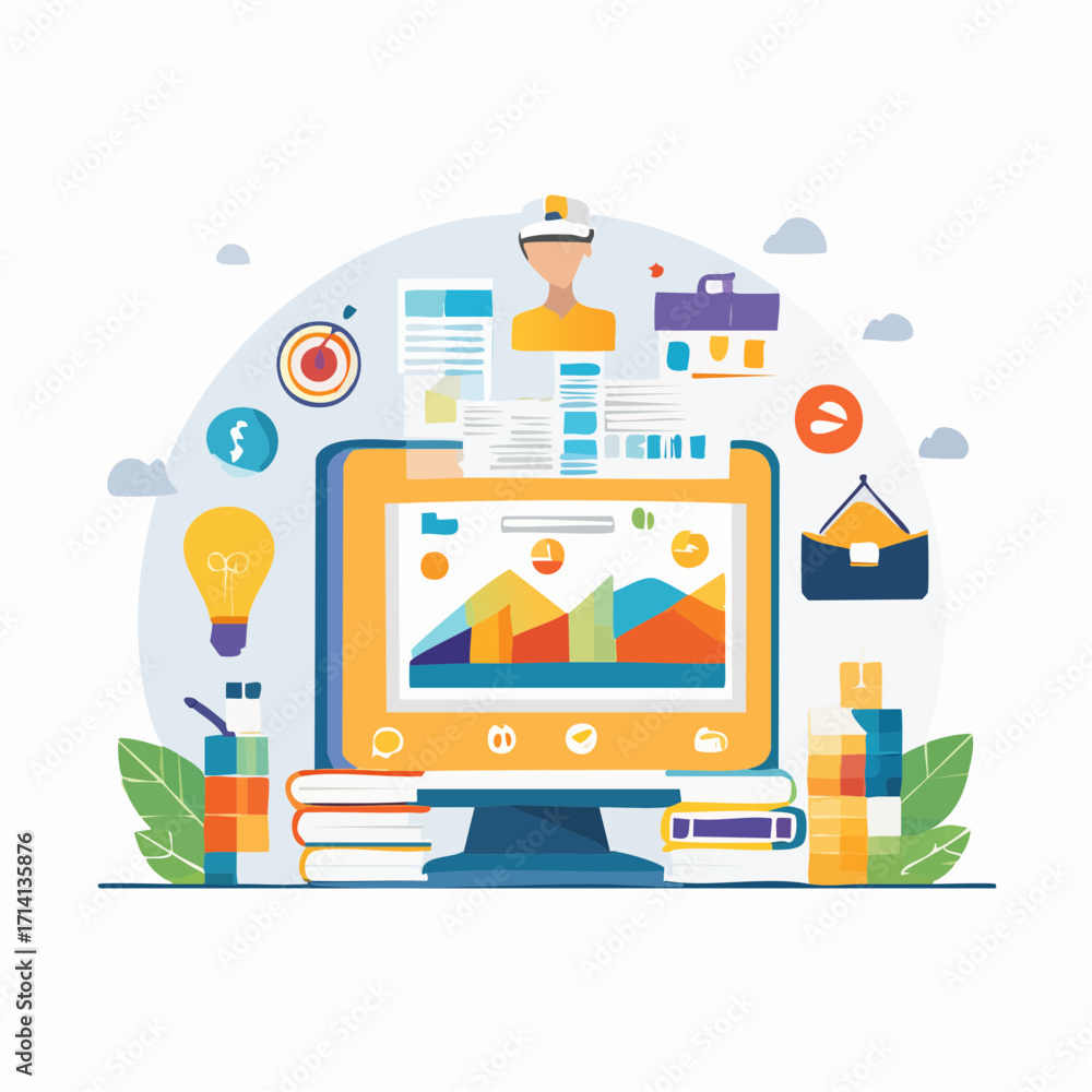 Poster data analysis colorful computer screen with documents and business elements