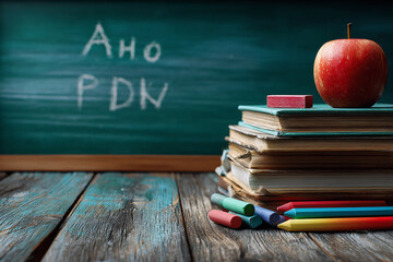 Nostalgic classroom scene with chalkboard and wooden apple, nostalgic stack of textbooks and chalk dust, nostalgic aesthetic for heritage school branding