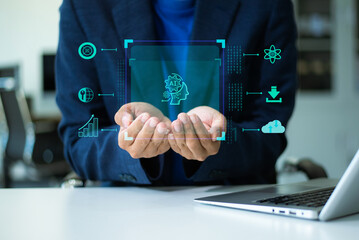 Businessman using futuristic interface with smart tech and mobile to manage ESG, clean energy, and sustainability data.