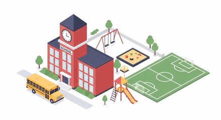 Fototapeta premium Isometric School Building, Playground, Bus, and Sports Field Illustration