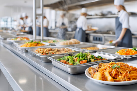 Kitchen efficiency with stainless equipment, efficiency in mass meal preparation, efficiency meeting school lunch demands