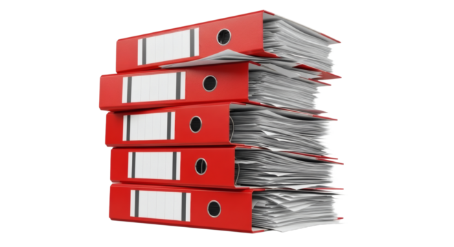 Overloaded Red Ring Binders Stacked Documents and Excessive Bureaucracy. clipping path. Business concept.