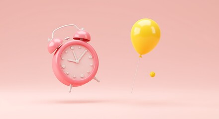Pink Alarm Clock and Yellow Balloon Floating in a Dreamy Pastel Scene Perfect for Celebrations or Reminders