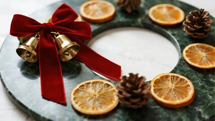 Fototapeta premium Elegant Christmas Wreath with Red Velvet Bow, Golden Bells, Dried Orange Slices and Pinecones Decoration