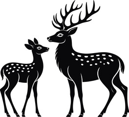 Elegant black and white deer silhouette with antlers and spots, wildlife nature, forest animals, vector illustration, majestic animal pair.