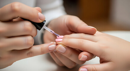 Closeup of a manicurist applying pink nail polish to a woman's fingernail in a salon