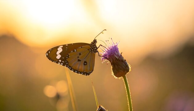 Butterfly on a flower at sunset