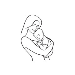 Black and white line art of a beautiful mother lovingly embracing her baby minimalist tender illustration