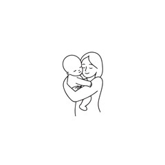 Black and white line art of a beautiful mother lovingly embracing her baby minimalist tender illustration