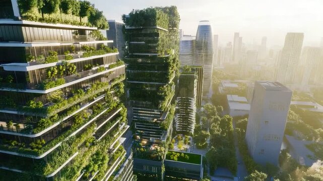 Explore innovative urban architecture showcasing skyscrapers adorned with lush greenery, reflecting a sustainable future and a harmonious blend of nature and modern living.