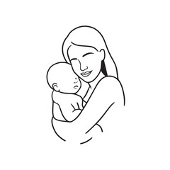 Black and white line art of a beautiful mother lovingly embracing her baby minimalist tender illustration