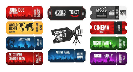 A collection of various event tickets including cinema, comedy show, and music concert tickets isolated on transparent background