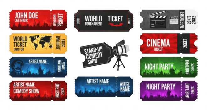 A collection of various event tickets including cinema, comedy show, and music concert tickets isolated on transparent background - Powered by Adobe