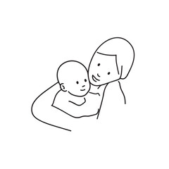 Black and white line art of a beautiful mother lovingly embracing her baby minimalist tender illustration