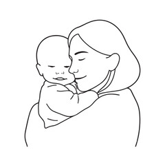 Black and white line art of a beautiful mother lovingly embracing her baby minimalist tender illustration