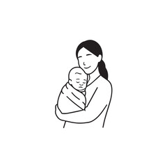 Black and white line art of a beautiful mother lovingly embracing her baby minimalist tender illustration