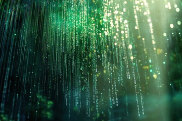 Green digital waterfall with glowing lines
