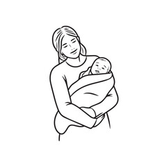 Black and white line art of a beautiful mother lovingly embracing her baby minimalist tender illustration