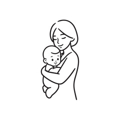 Black and white line art of a beautiful mother lovingly embracing her baby minimalist tender illustration