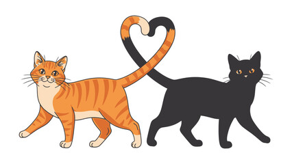 Love's Feline Embrace: Two charming cat companions express their affection, their tails forming a heart-shaped embrace, illustrating a tale of love and harmony.