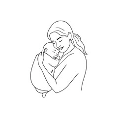 Black and white line art of a beautiful mother lovingly embracing her baby minimalist tender illustration