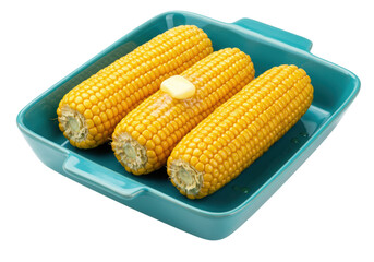 Isolated dish of corn on the cob with butter, a side dish for a delicious summer meal