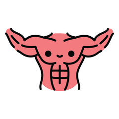 Cute muscular male torso, emphasizing defined abs and bicep muscles, with a simple, friendly cartoon face illustration