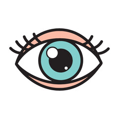 Anatomical illustration of a human eye with a blue iris and light pink eyelid details, rendered in a clean graphic style