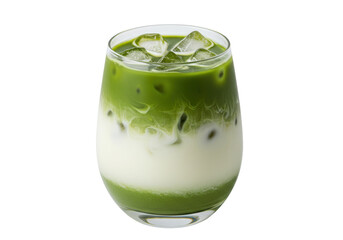Isolated Matcha latte in a glass with ice cubes, a refreshing summer drink and sweet dessert