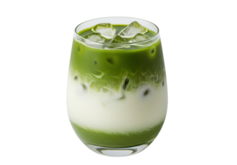 Isolated Matcha latte in a glass with ice cubes, a refreshing summer drink and sweet dessert
