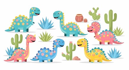 Obraz premium Cute Colorful Dinosaurs with Cactus Illustration Perfect for Kids