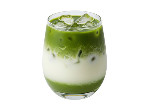 Isolated Matcha latte in a glass with ice cubes, a refreshing summer drink and sweet dessert