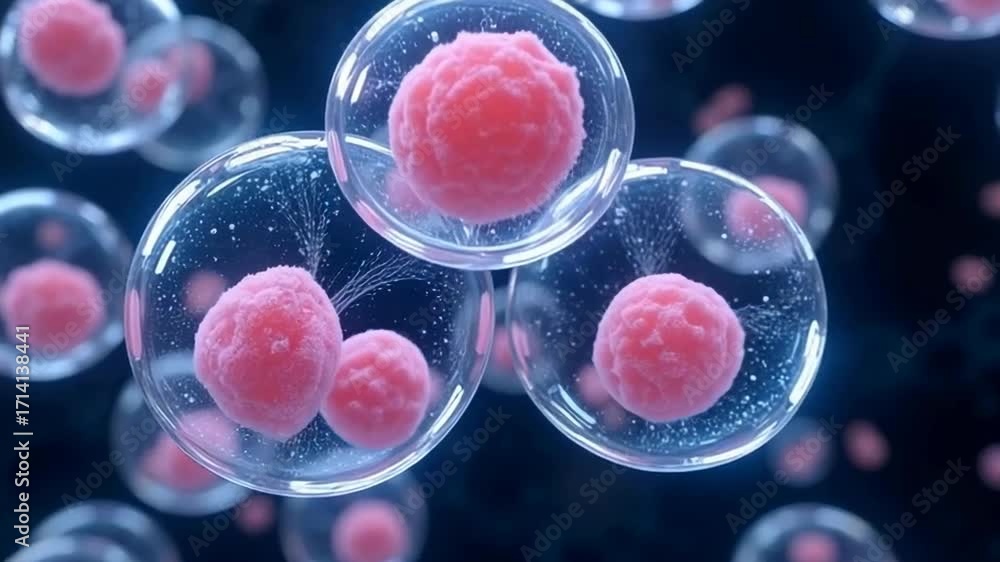 Poster the video shows numerous spherical cells, each of which is enclosed in a transparent membrane. insid