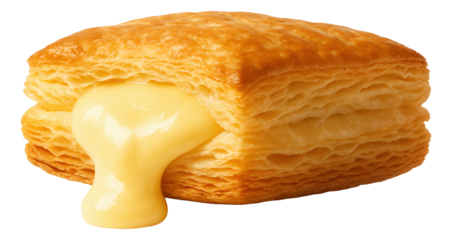 Flaky puff pastry filled with creamy custard oozing from the side.