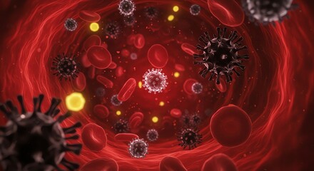 Virus Cells Infection with Red Blood Cells in the Bloodstream