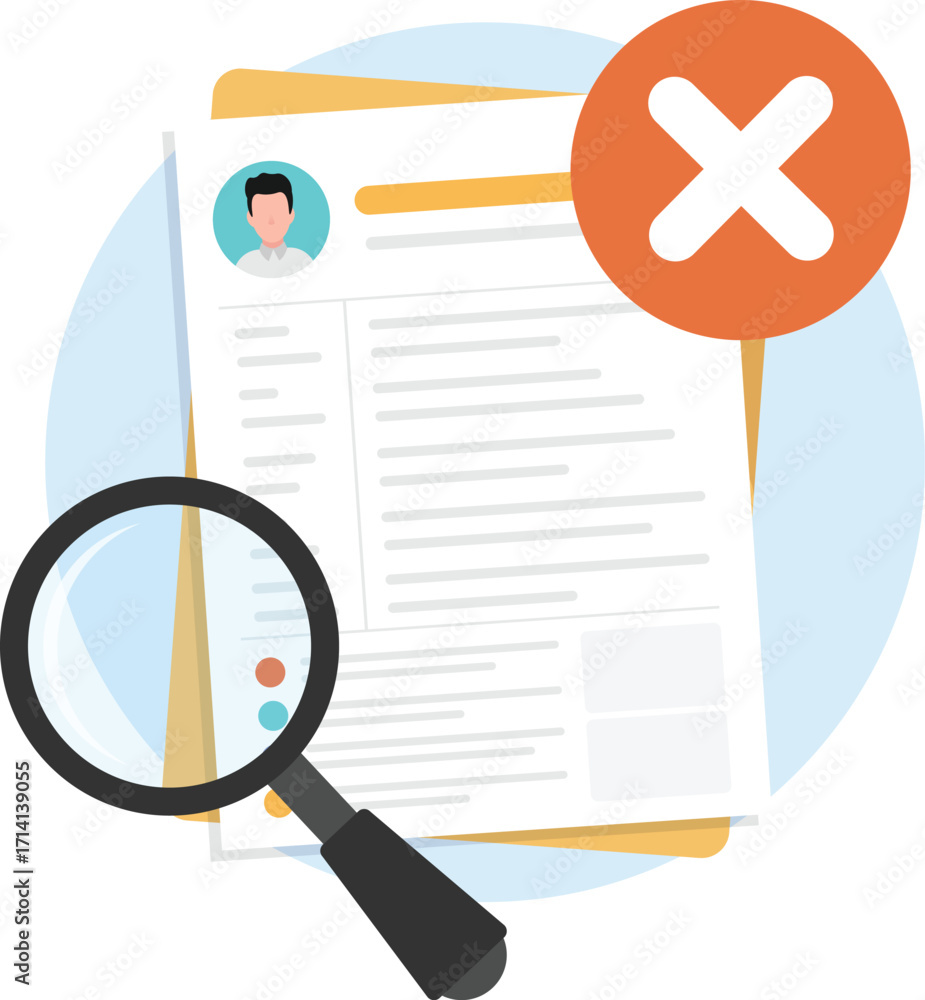Poster cv document paper with red reject icon and magnifying glass.