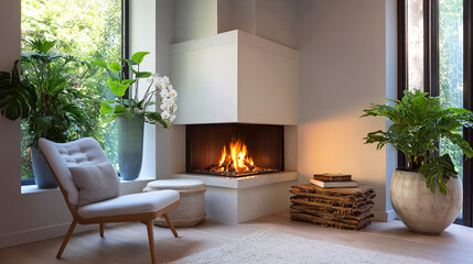 Cozy living room featuring a modern fireplace, elegant armchair, lush indoor plants, and warm lighting, creating a serene and inviting atmosphere for relaxation and comfort