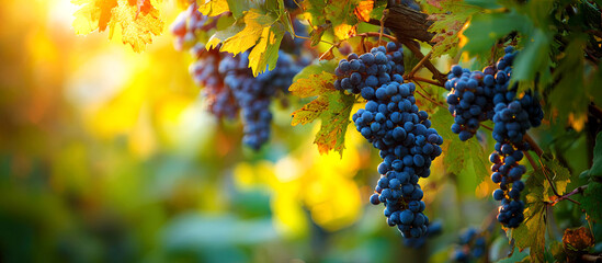 Lush vineyard scene featuring ripe blue grapes hanging from green vines, illuminated by warm sunlight, creating a serene and inviting atmosphere in nature's bounty