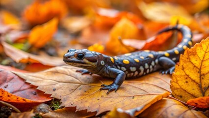 Obraz premium A Dark Amphibian with Yellow Spots Crawls Among Autumn Leaves in a Forest Setting