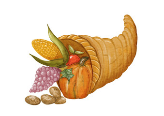 Hand painted watercolor cornucopia horn of plenty filled with pumpkin, corn, apple, grapes and potatoes. Traditional autumn harvest symbol, perfect for Thanksgiving Day designs, holiday decorations.