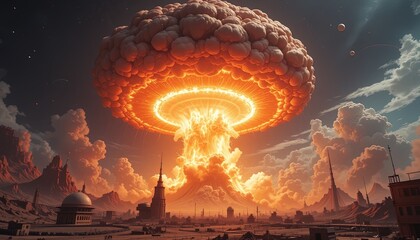 Dramatic nuclear explosion over futuristic city, dystopian landscape with vibrant orange mushroom cloud