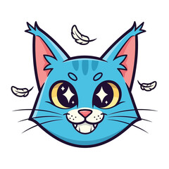 Cute Blue Cat Illustration: A cheerful cartoon depicts a vibrant blue cat with expressive eyes and soft feathers dancing whimsically, perfect for a children's book illustration.