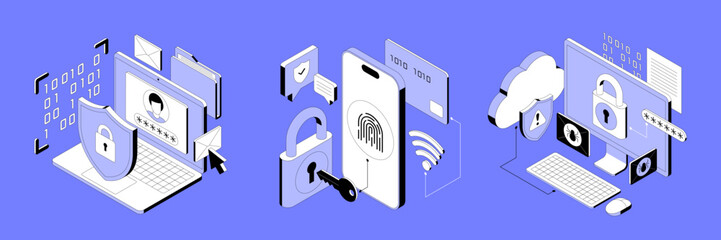 Vector isometric illustration related to cybersecurity, payment safety, cloud technology security. Modern flat illustration for website or mobile app