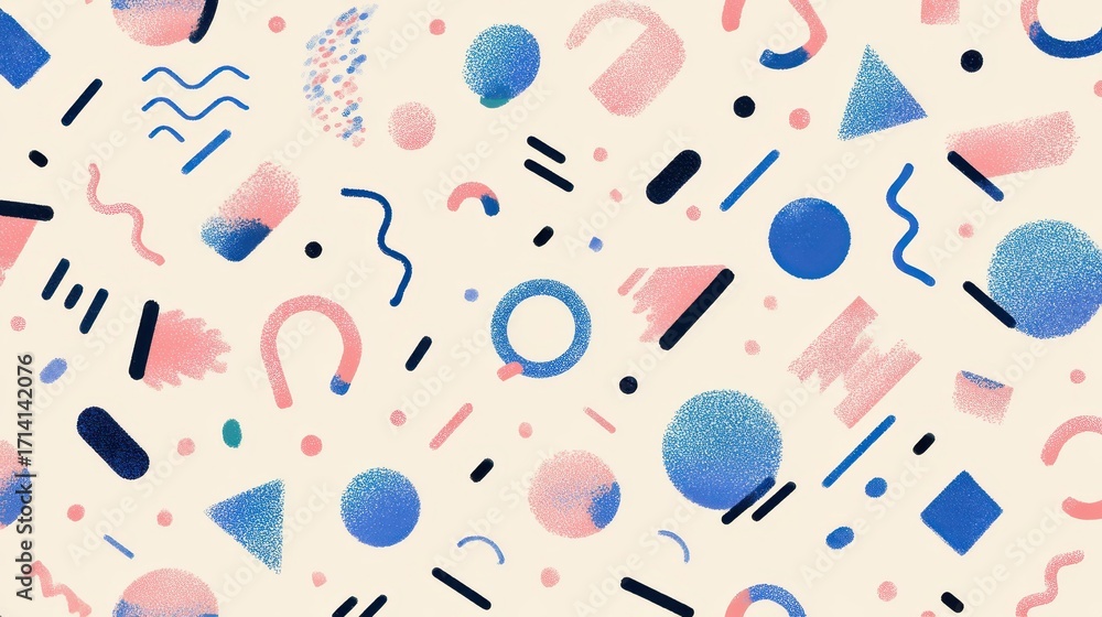 Poster abstract background presenting a seamless pattern of geometric shapes, lines, and dots in vibrant bl