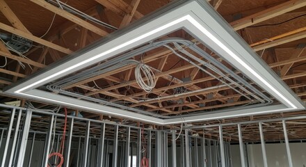 Interior construction showing metal framework and exposed ceiling wiring and a custom light