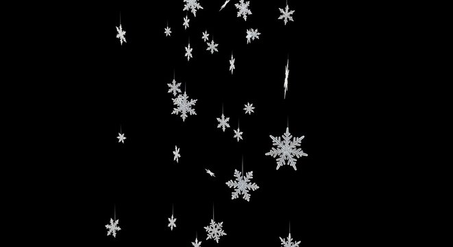 Falling snowflakes against a striking black background display intricate, detailed designs.